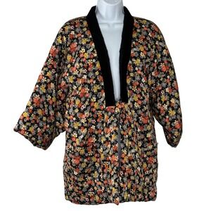 Vintage Japanese‎ Quilted Kimono Jacket Black Velvet Trim Womens Medium Large